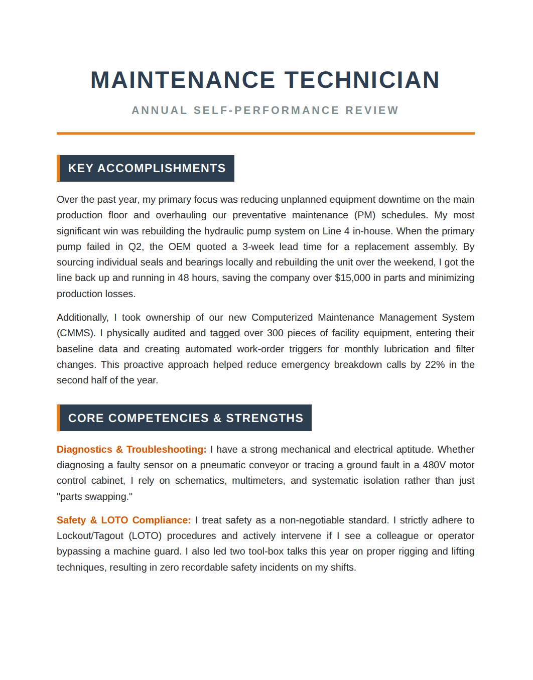 Maintenance Technician Self Performance Review - Free AI Self Performance Review Generator, 50+ Real Self Performance Review Examples