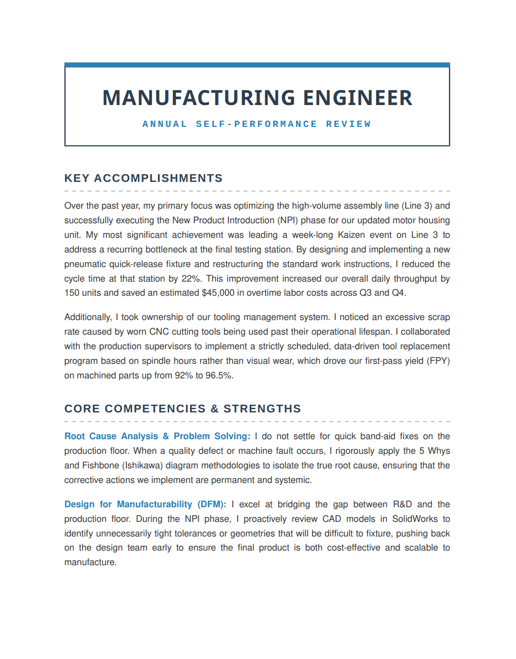 Manufacturing Engineer Self Performance Review - Free AI Self Performance Review Generator, 50+ Real Self Performance Review Examples