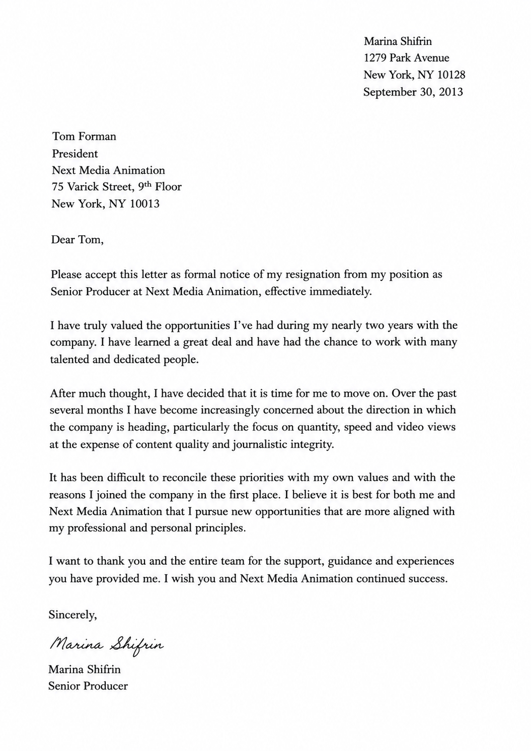 Marina Shifrin Resignation Letter from Next Media Animation - Free AI Resignation Letter Generator, 50+ Real Resignation Letter Examples