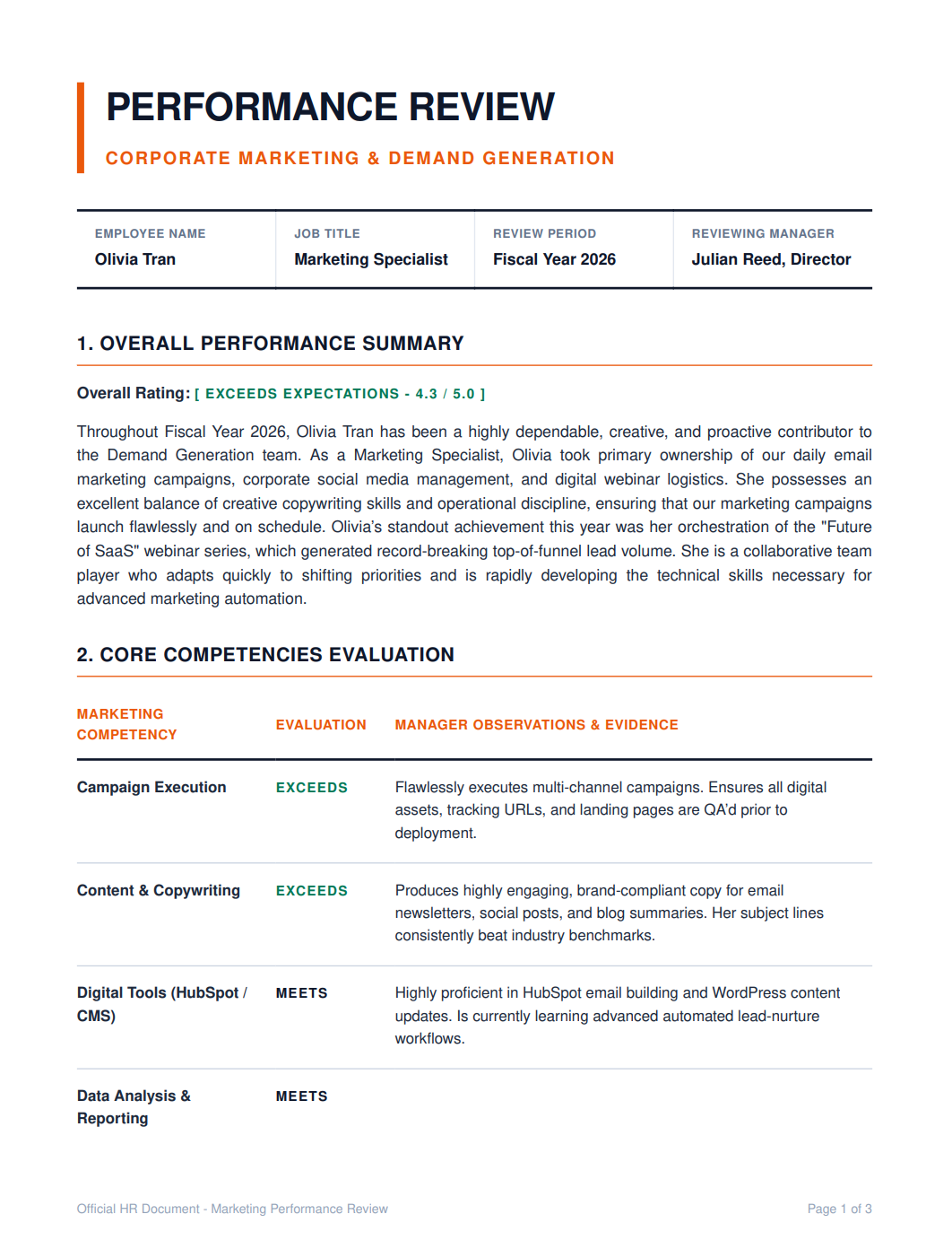 Marketing Specialist Performance Review - Free AI Performance Review Generator, 50+ Real Performance Review Examples