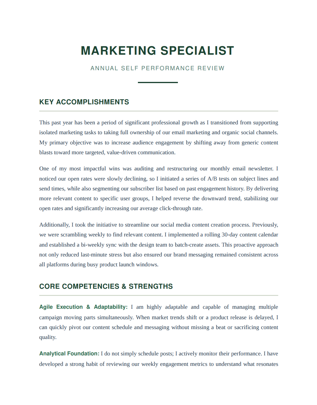 Marketing Specialist Self Performance Review - Free AI Self Performance Review Generator, 50+ Real Self Performance Review Examples