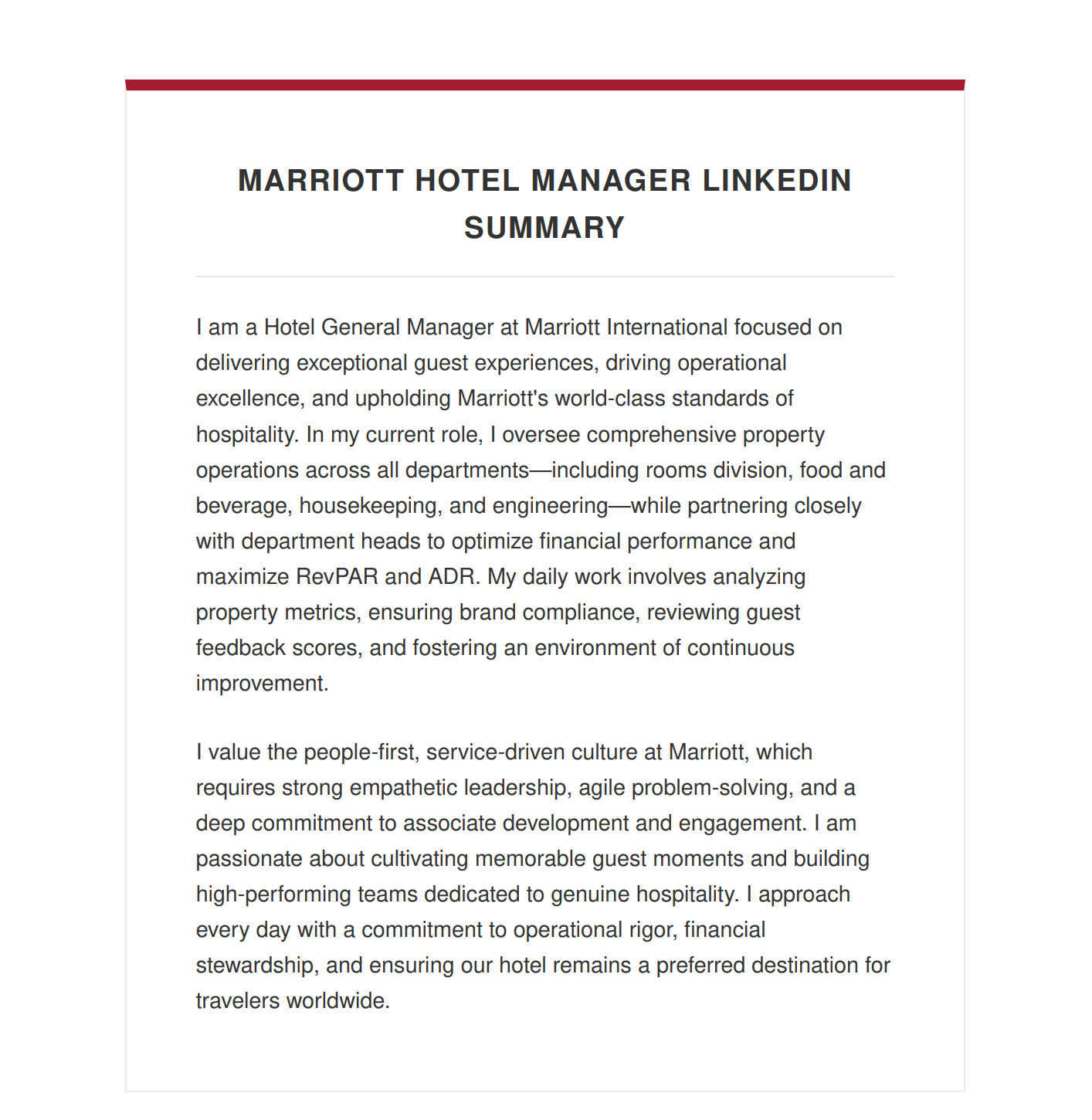 Marriott Hotel Manager LinkedIn Summary - Free AI LinkedIn Summary Generator, 50+ Real LinkedIn Summary Examples