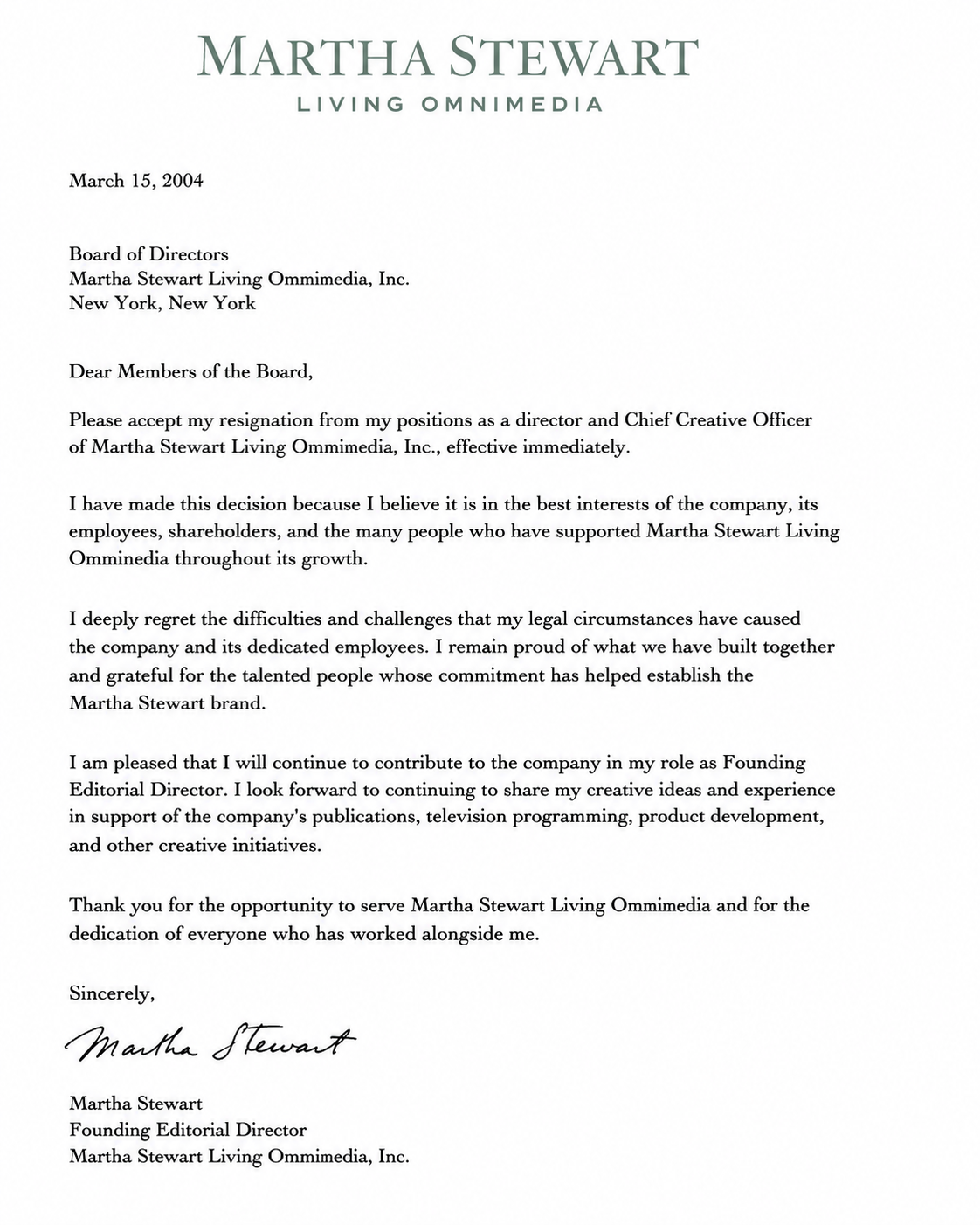 Martha Stewart Resignation from Martha Stewart Living Omnimedia - Free AI Resignation Letter Generator, 50+ Real Resignation Letter Examples