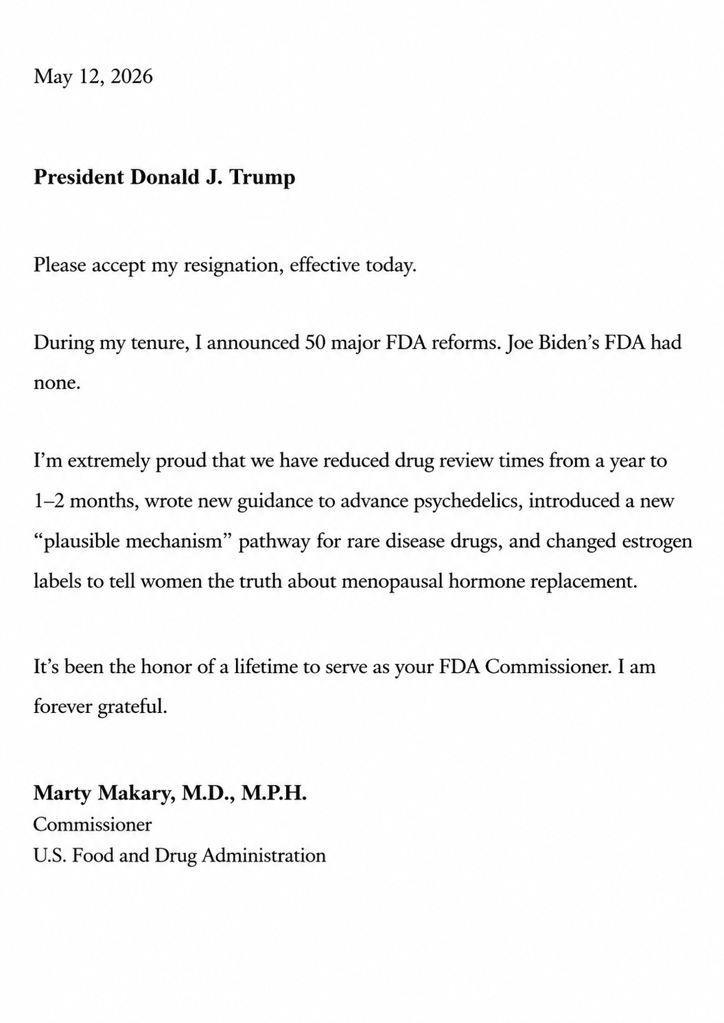 Marty Makary Resignation Letter from the FDA - Free AI Resignation Letter Generator, 50+ Real Resignation Letter Examples
