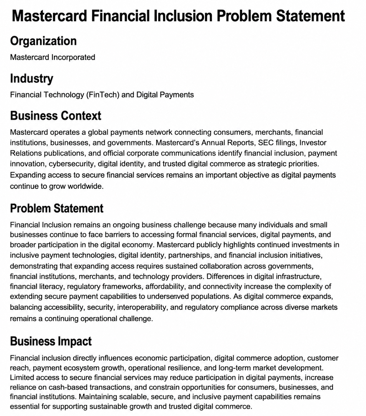 Mastercard Financial Inclusion Problem Statement - Free AI Problem Statement Generator, 50+Real Problem Statement Examples
