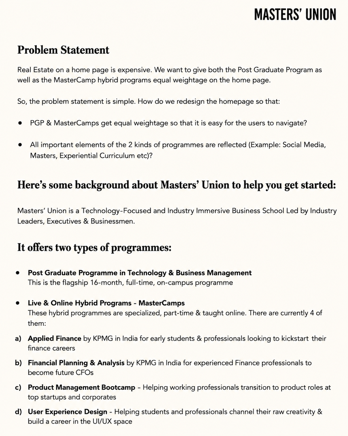 Masters' Union Website Navigation Problem Statement - Free AI Problem Statement Generator, 50+Real Problem Statement Examples