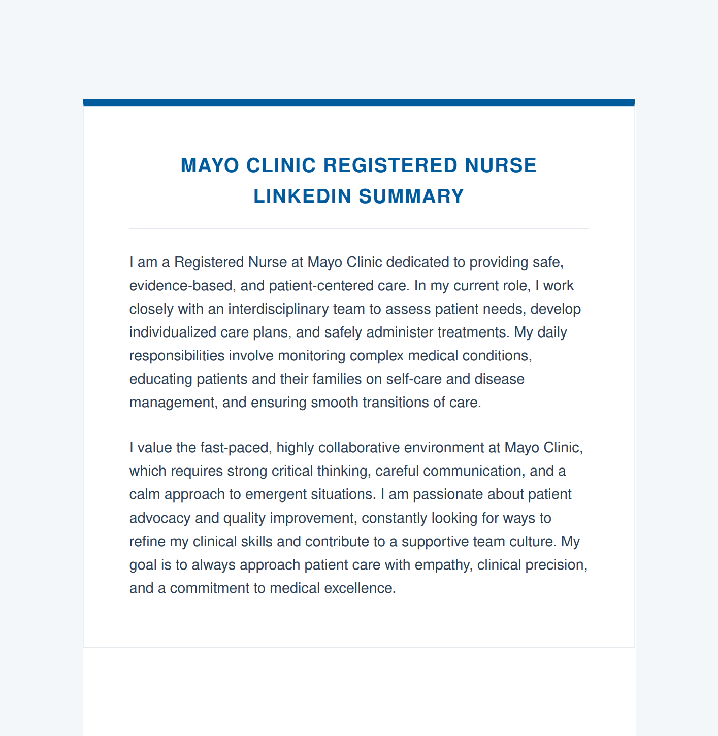 Mayo Clinic Registered Nurse LinkedIn Summary - Free AI LinkedIn Summary Generator, 50+ Real LinkedIn Summary Examples