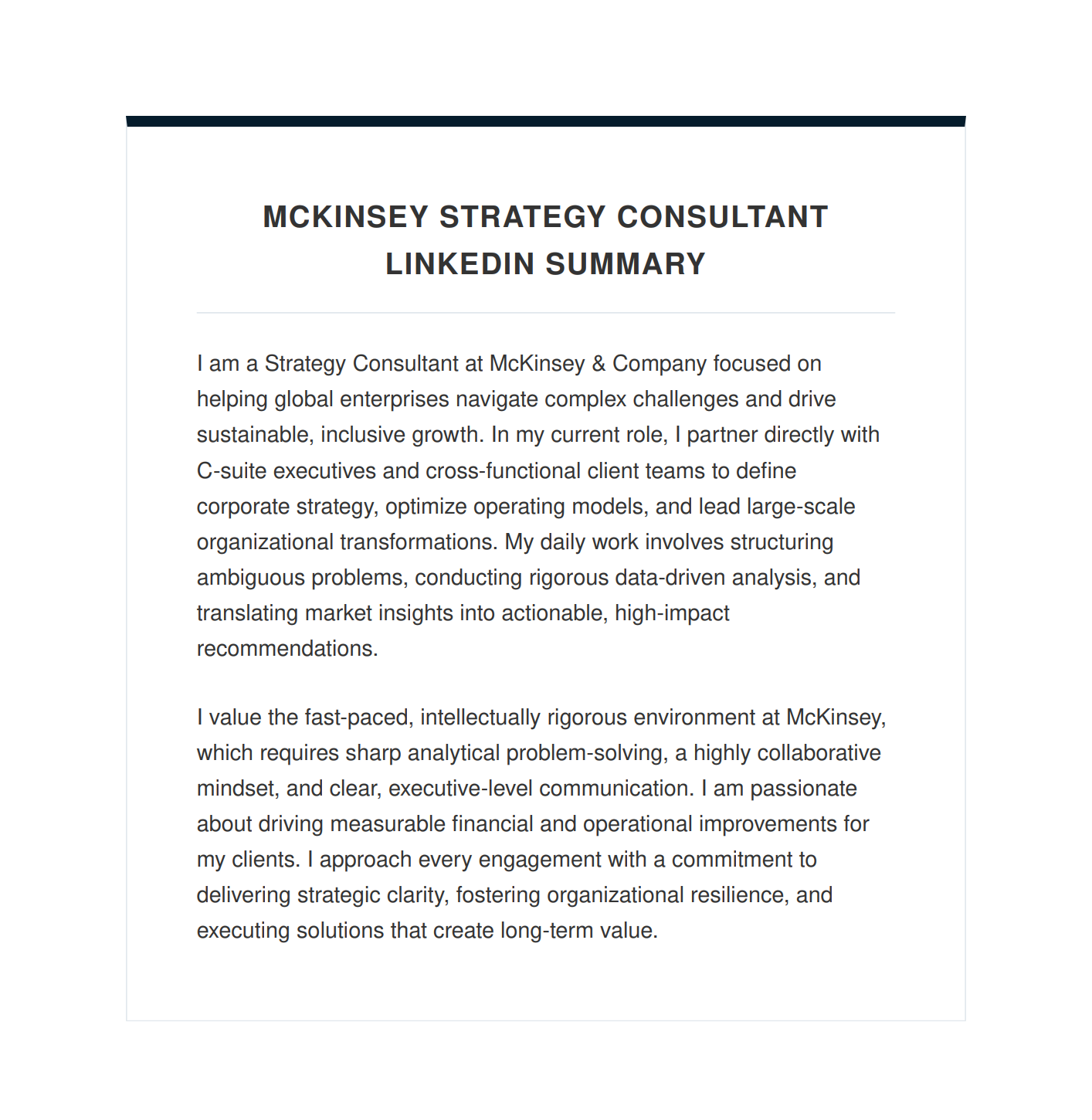 McKinsey Strategy Consultant LinkedIn Summary - Free AI LinkedIn Summary Generator, 50+ Real LinkedIn Summary Examples