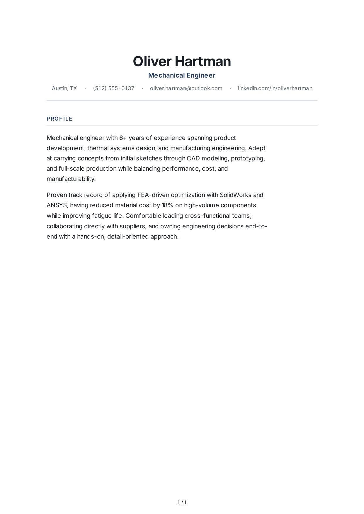 Mechanical Engineer Resume Profile - Free AI Resume Profile Generator, 50+ Real Resume Profile Examples
