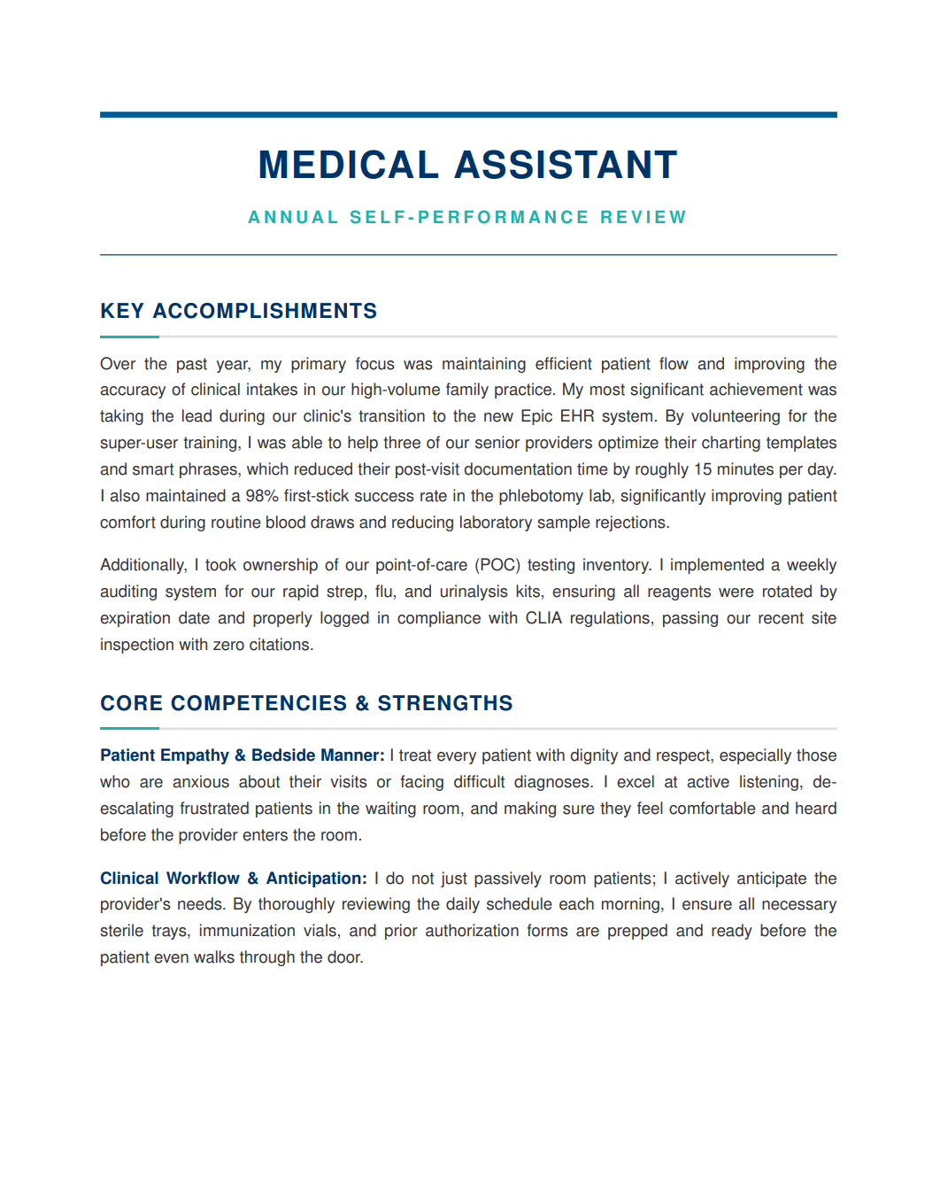 Medical Assistant Self Performance Review - Free AI Self Performance Review Generator, 50+ Real Self Performance Review Examples