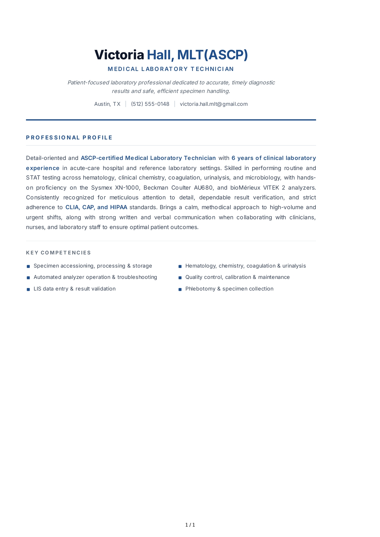 Medical Laboratory Technician Resume Profile - Free AI Resume Profile Generator, 50+ Real Resume Profile Examples