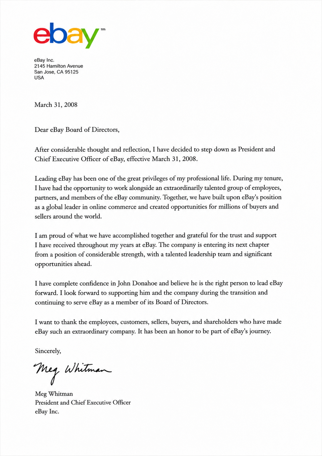 Meg Whitman Resignation Letter from eBay