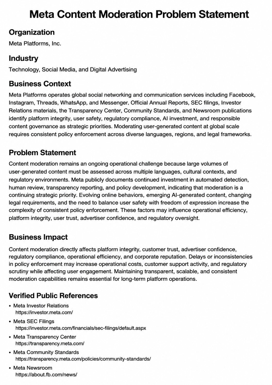 Meta Content Moderation Problem Statement - Free AI Problem Statement Generator, 50+Real Problem Statement Examples