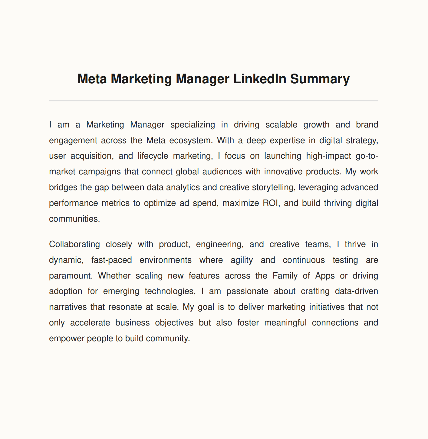 Meta Marketing Manager LinkedIn Summary - Free AI LinkedIn Summary Generator, 50+ Real LinkedIn Summary Examples