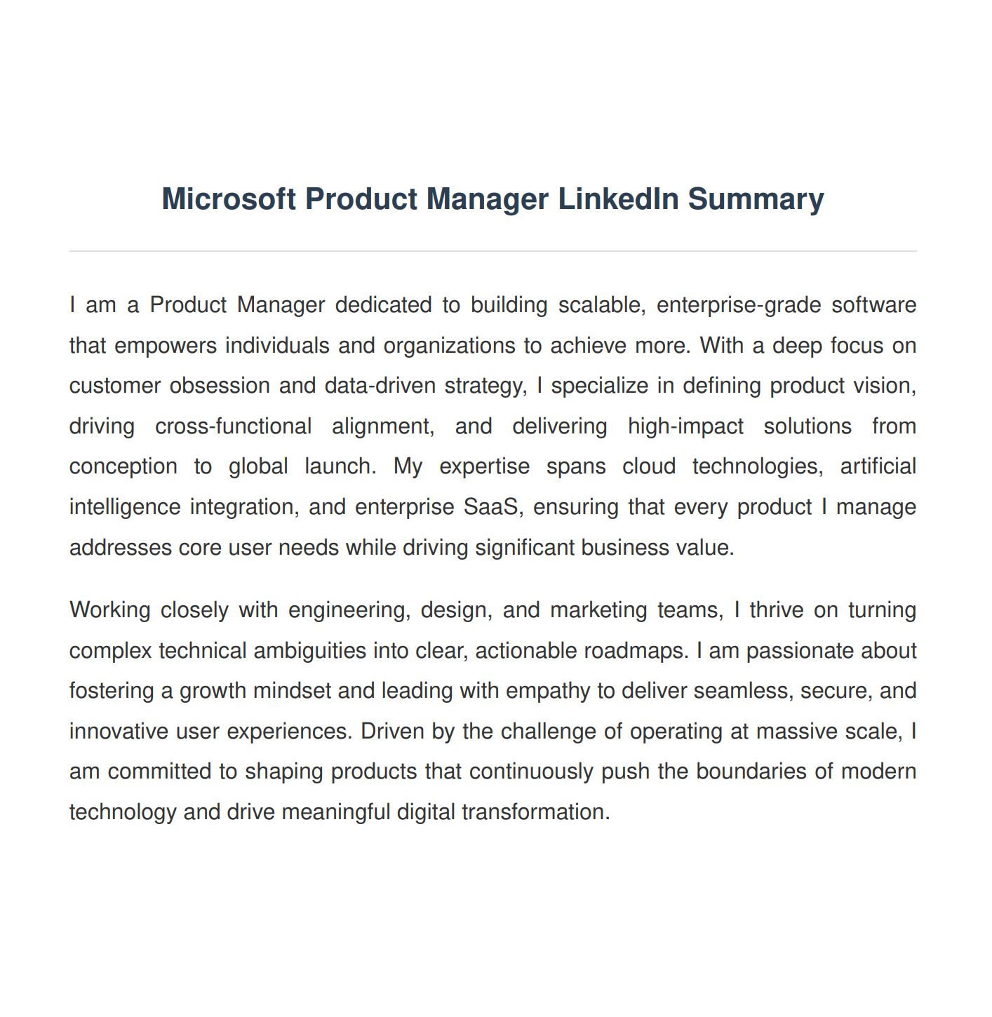 Microsoft Product Manager LinkedIn Summary - Free AI LinkedIn Summary Generator, 50+ Real LinkedIn Summary Examples