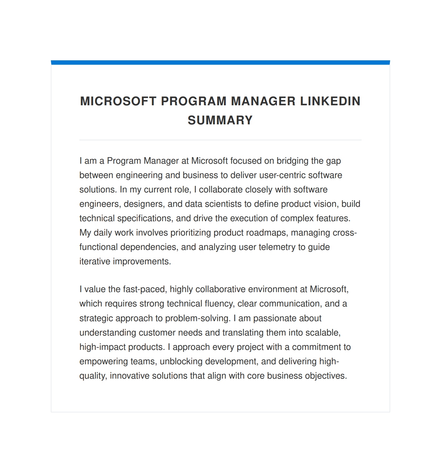 Microsoft Program Manager LinkedIn Summary - Free AI LinkedIn Summary Generator, 50+ Real LinkedIn Summary Examples