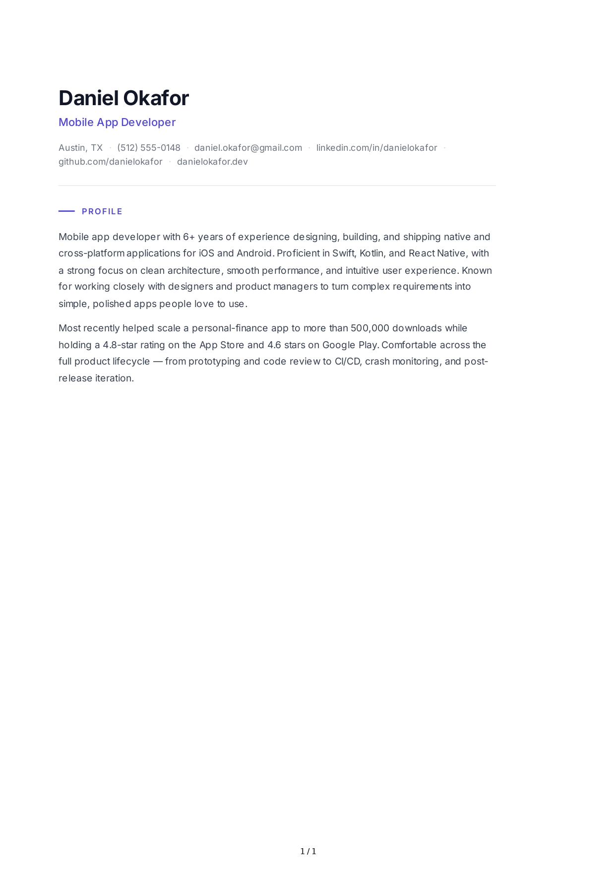 Mobile App Developer Resume Profile - Free AI Resume Profile Generator, 50+ Real Resume Profile Examples