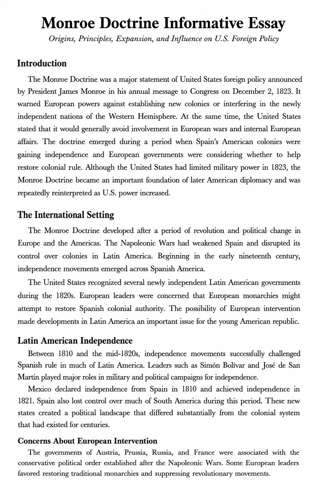 Monroe Doctrine Informative Essay - Free AI Informative Essay Generator, 50+ Real Informative Essay Examples