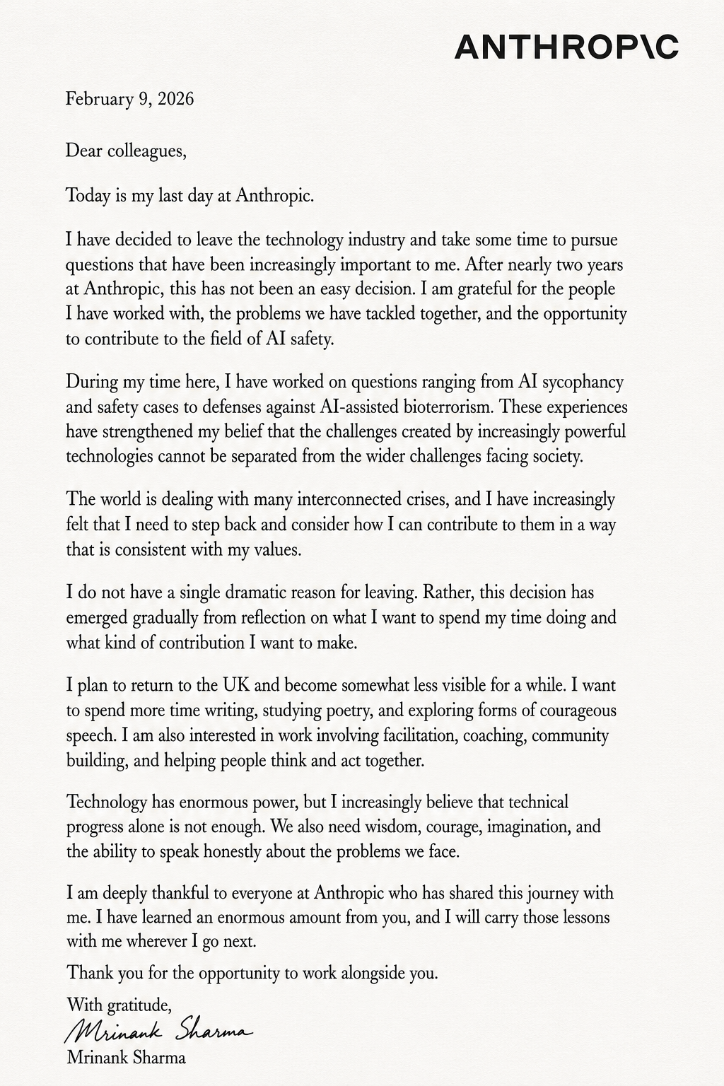 Mrinank Sharma Resignation Letter from Anthropic - Free AI Resignation Letter Generator, 50+ Real Resignation Letter Examples