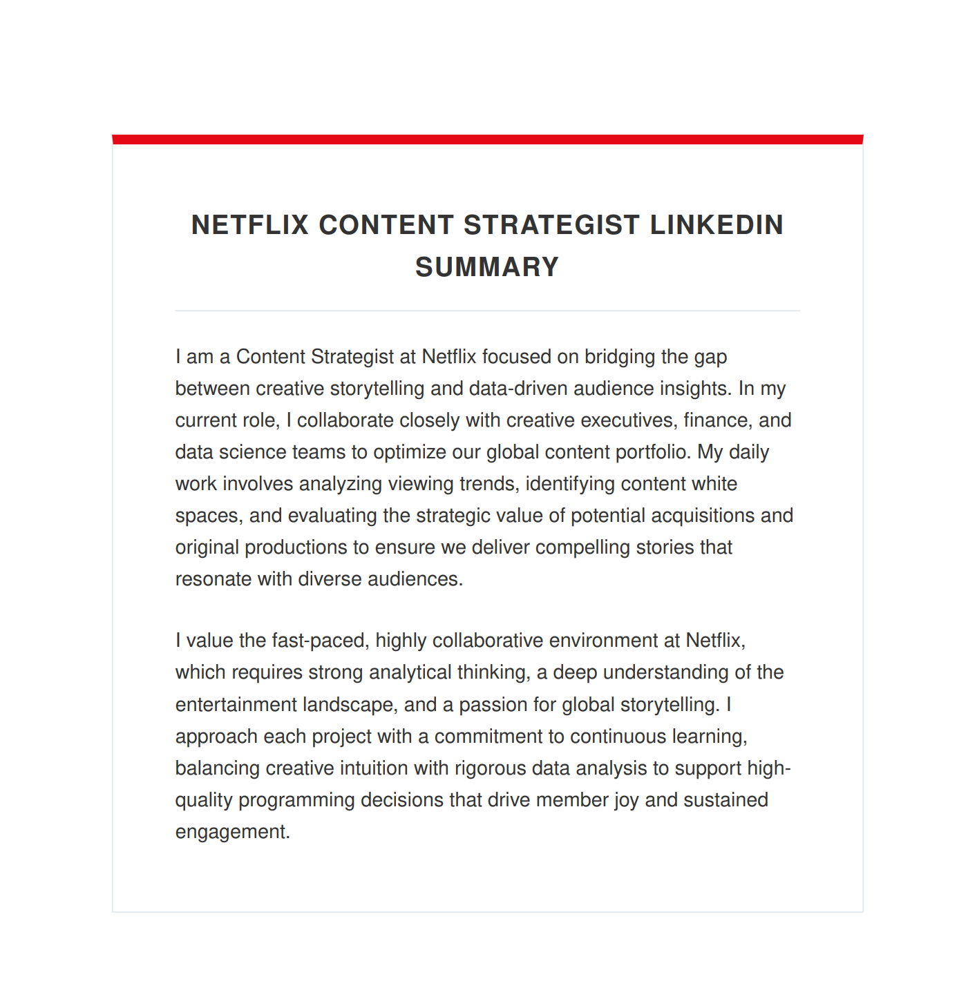 Netflix Content Strategist LinkedIn Summary - Free AI LinkedIn Summary Generator, 50+ Real LinkedIn Summary Examples