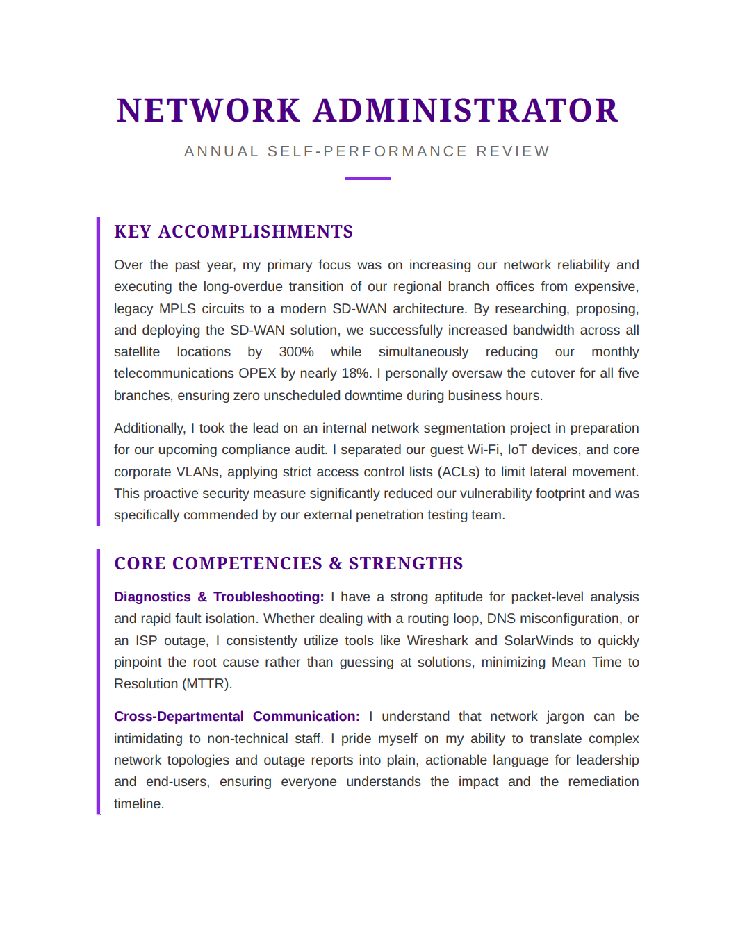 Network Administrator Self Performance Review - Free AI Self Performance Review Generator, 50+ Real Self Performance Review Examples