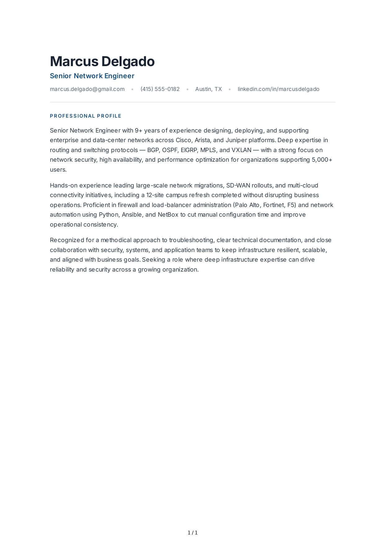 Network Engineer Resume Profile - Free AI Resume Profile Generator, 50+ Real Resume Profile Examples