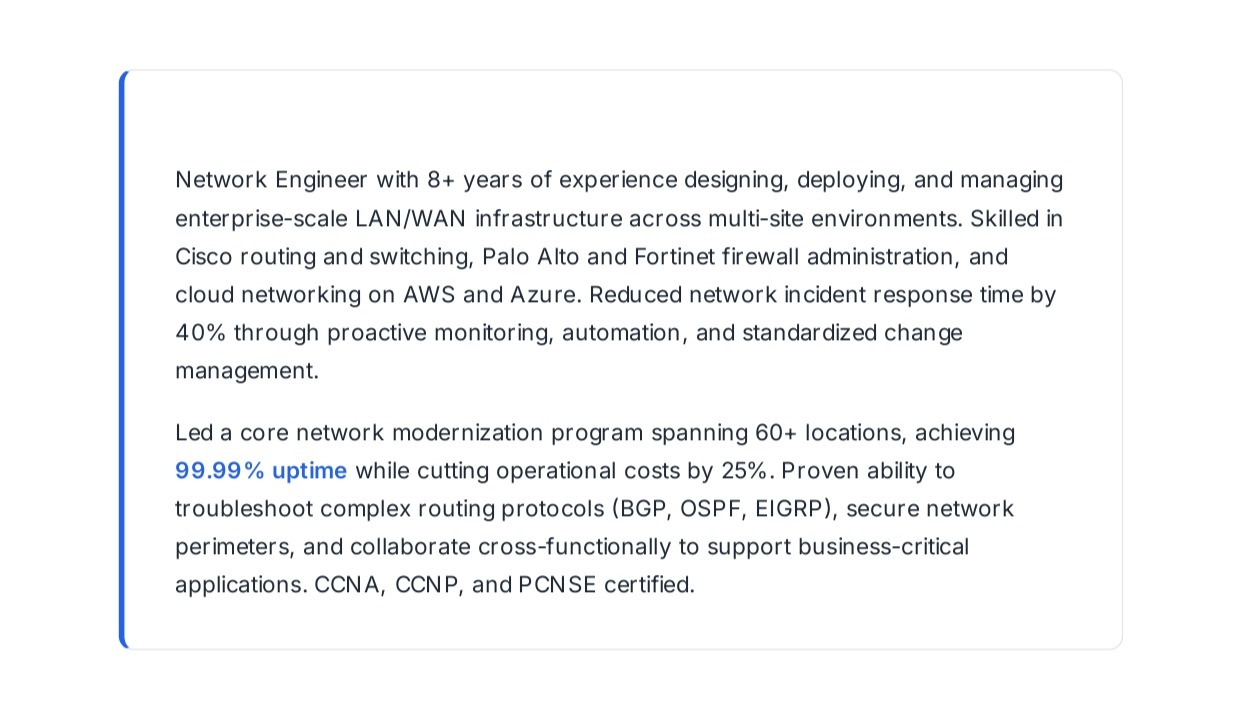Network Engineer Resume Summary - Free AI Resume Summary Generator, 50+ Real Resume Summary Examples