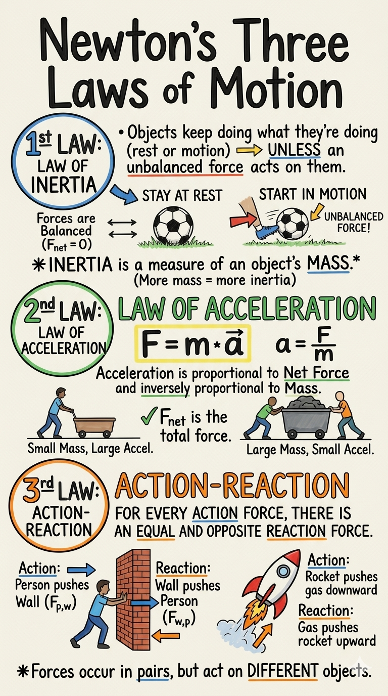 Newton’s Three Laws of Motion Anchor Chart for 11th Grade Physics
