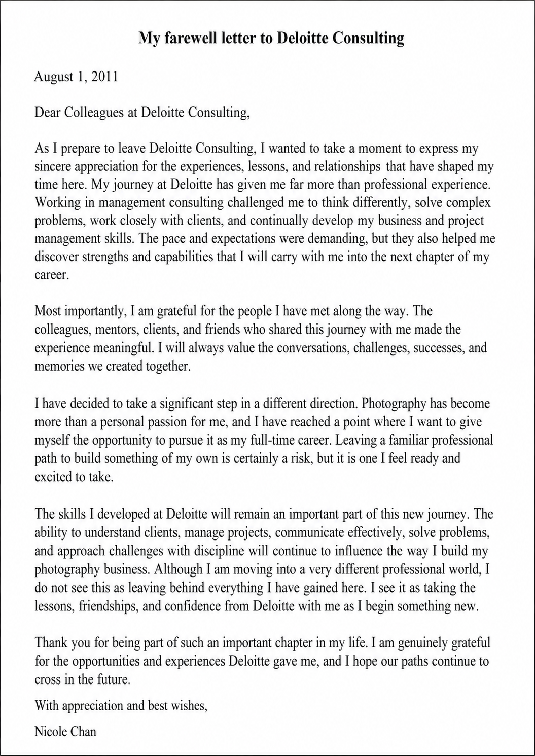 Nicole Chan Resignation Letter to Deloitte Consulting - Free AI Resignation Letter Generator, 50+ Real Resignation Letter Examples