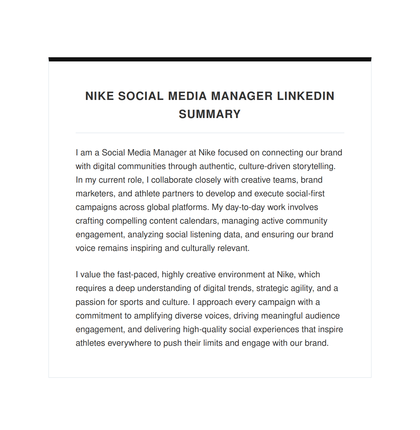 Nike Social Media Manager LinkedIn Summary - Free AI LinkedIn Summary Generator, 50+ Real LinkedIn Summary Examples