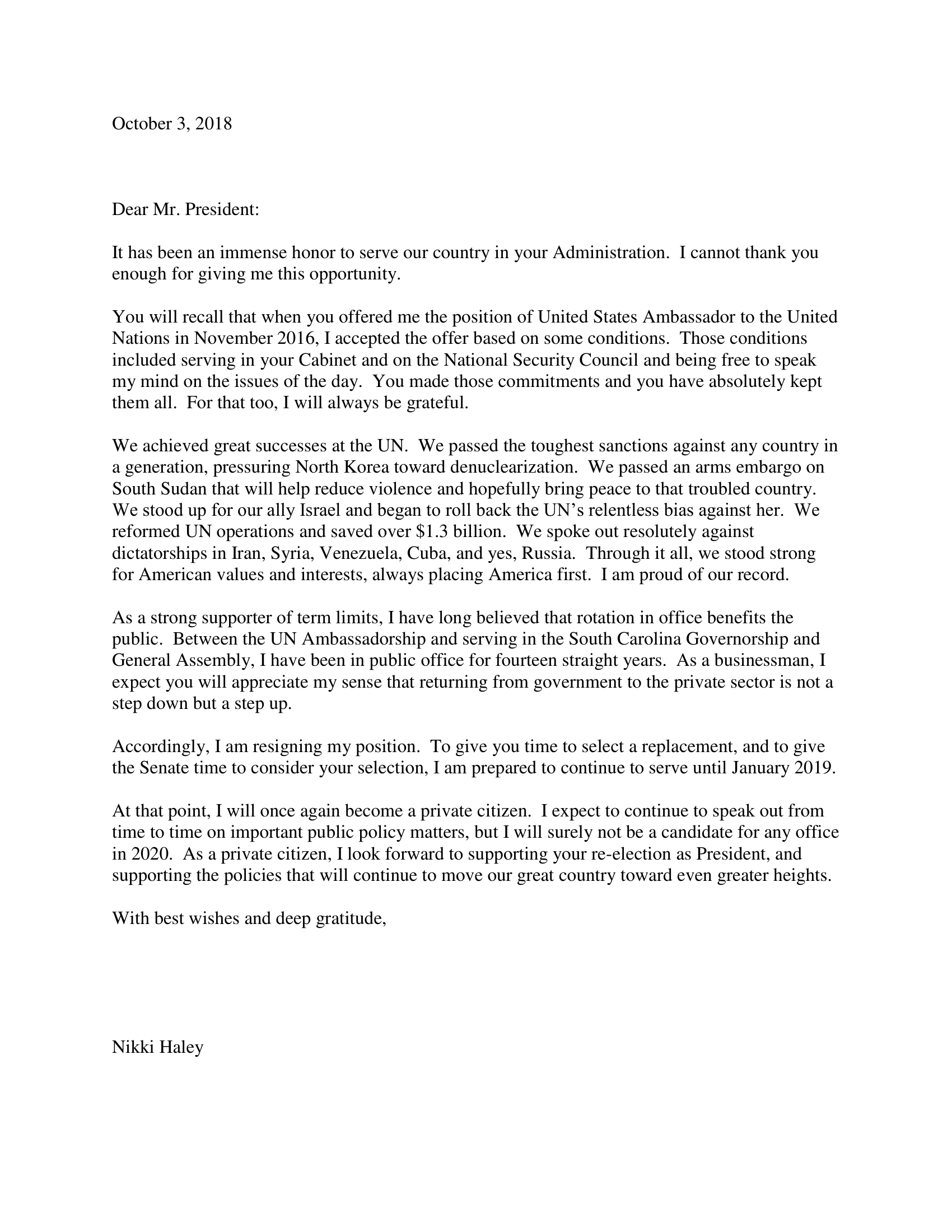 Nikki Haley Resignation Letter as U.S. Ambassador to the United Nations - Free AI Resignation Letter Generator, 50+ Real Resignation Letter Examples