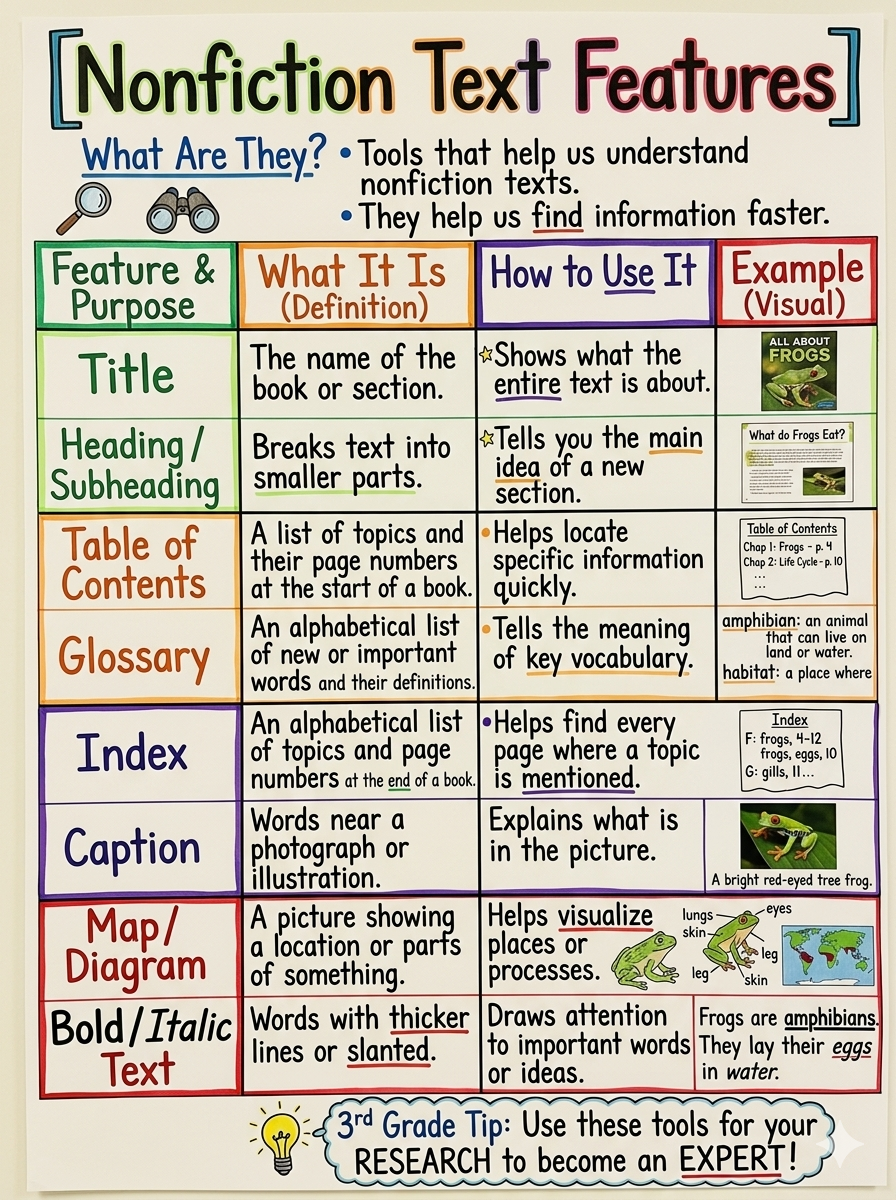 Nonfiction Text Features Anchor Chart for 3rd Grade Research - Free AI Anchor Chart Generator, 50+ Real Anchor Chart Examples