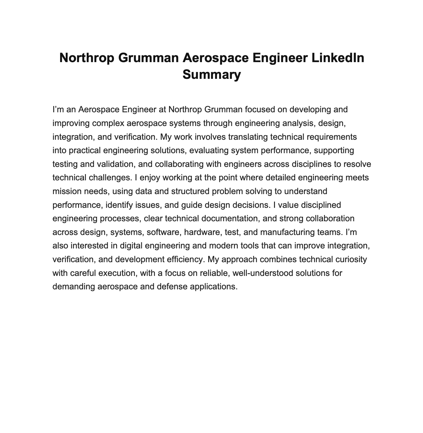 Northrop Grumman Aerospace Engineer LinkedIn Summary - Free AI LinkedIn Summary Generator, 50+ Real LinkedIn Summary Examples