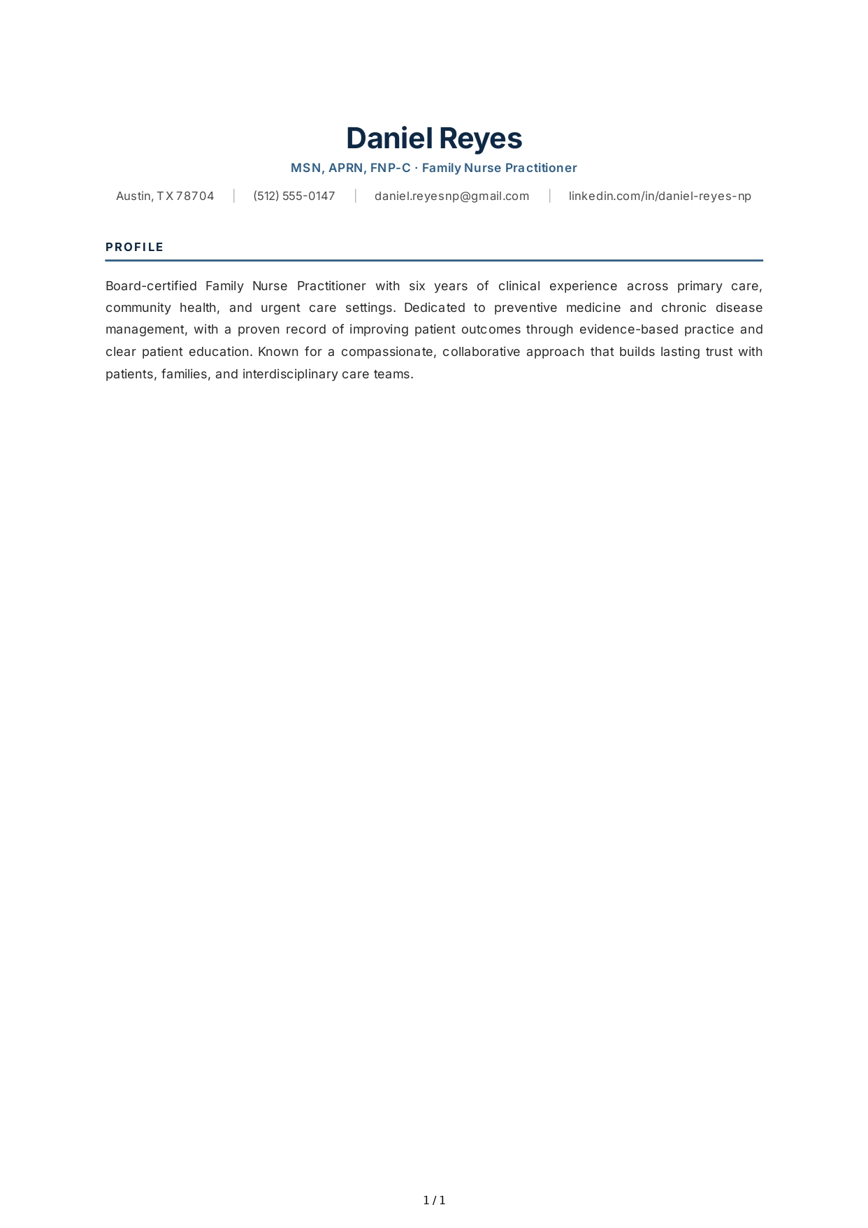 Nurse Practitioner Resume Profile - Free AI Resume Profile Generator, 50+ Real Resume Profile Examples