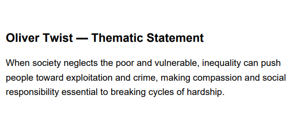 Oliver Twist Thematic Statement - Free AI Thematic Statement Generator, 50+ Real Thematic Statement Examples