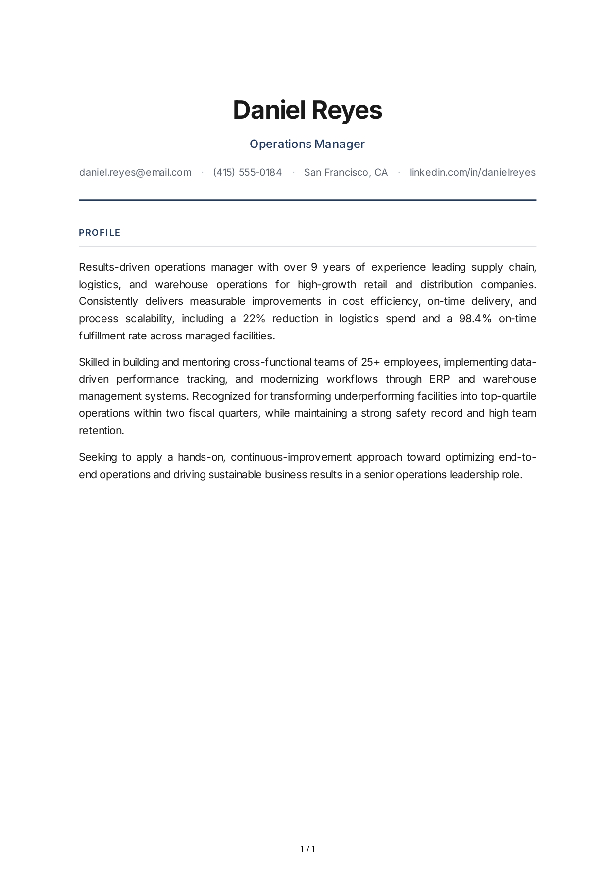 Operations Manager Resume Profile - Free AI Resume Profile Generator, 50+ Real Resume Profile Examples