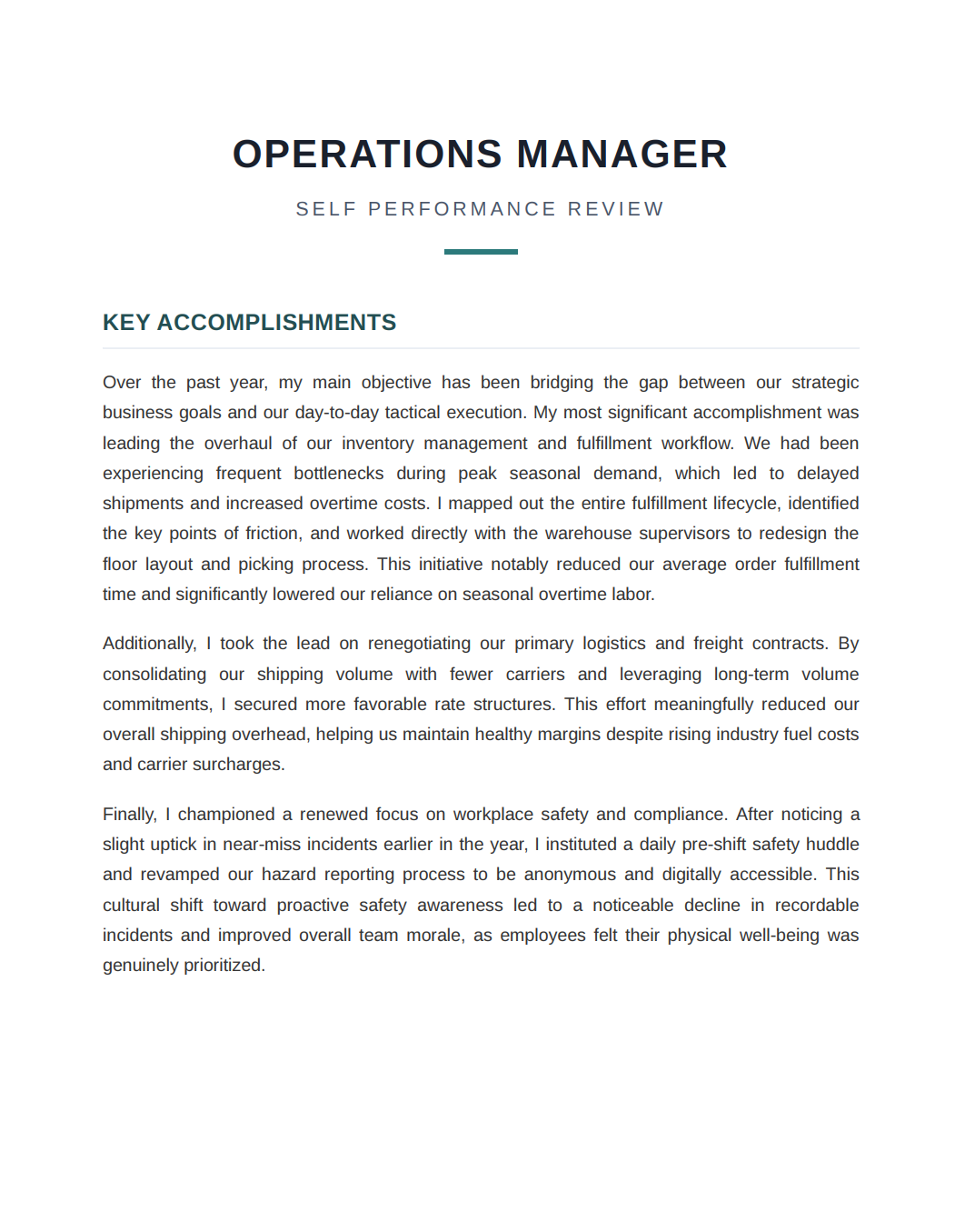 Operations Manager Self Performance Review - Free AI Self Performance Review Generator, 50+ Real Self Performance Review Examples