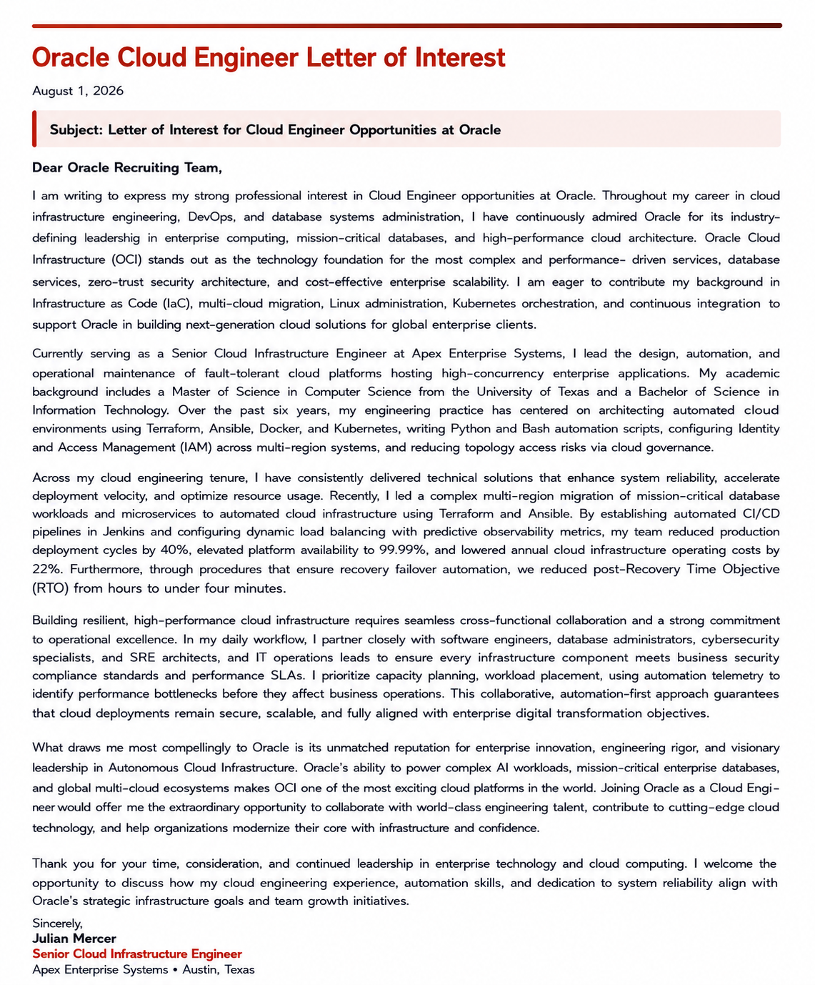 Oracle Cloud Engineer Letter of Interest - Free AI Letter of Interest Generator, 50+ Real Letter of Interest Examples