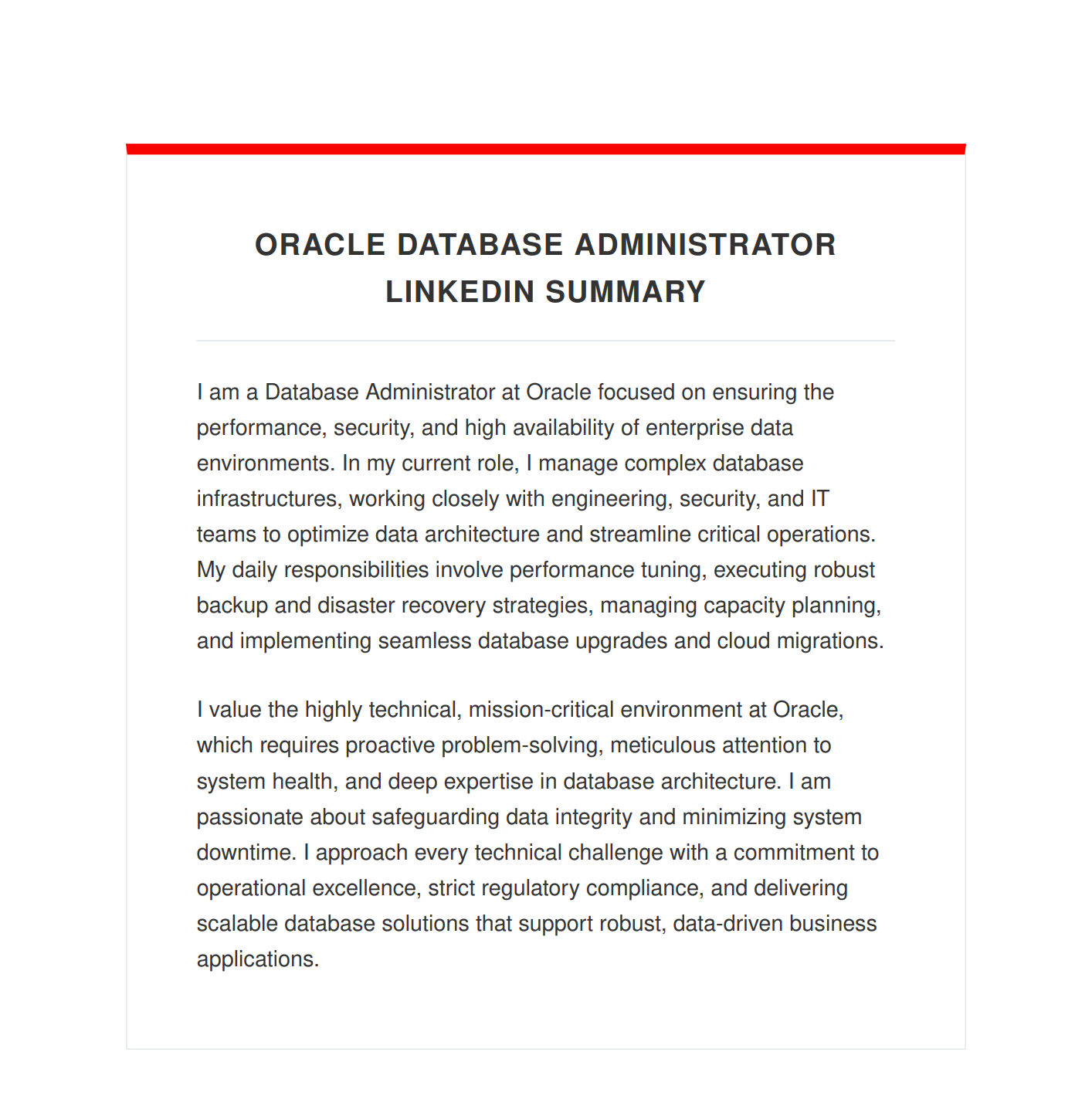 Oracle Database Administrator LinkedIn Summary - Free AI LinkedIn Summary Generator, 50+ Real LinkedIn Summary Examples