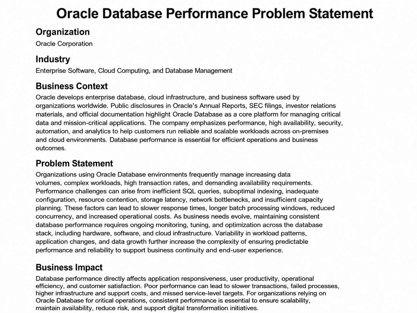 Oracle Database Performance Problem Statement - Free AI Problem Statement Generator, 50+Real Problem Statement Examples