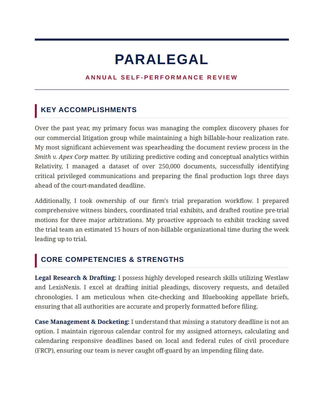 Paralegal Self Performance Review - Free AI Self Performance Review Generator, 50+ Real Self Performance Review Examples