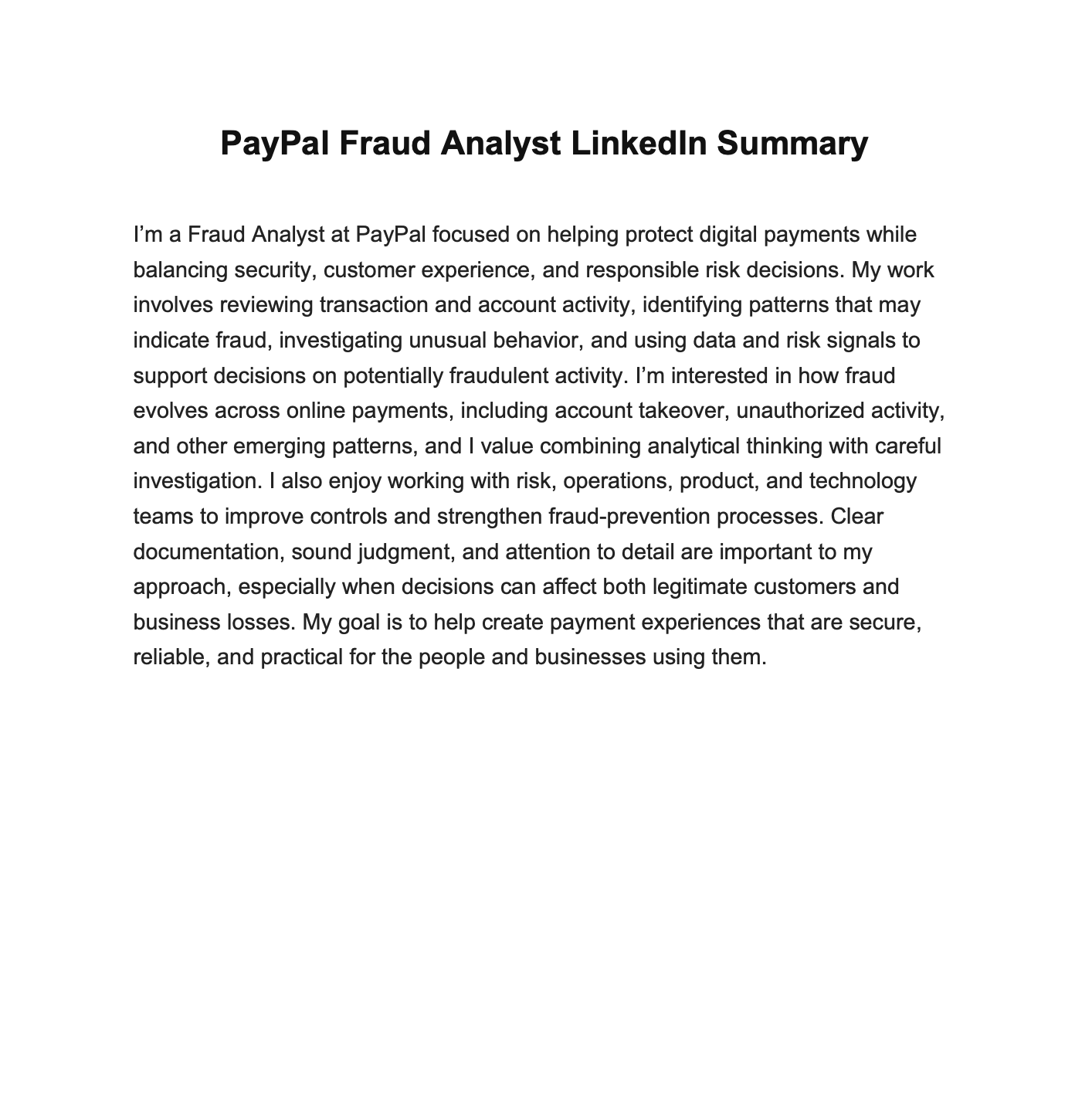 PayPal Fraud Analyst LinkedIn Summary - Free AI LinkedIn Summary Generator, 50+ Real LinkedIn Summary Examples