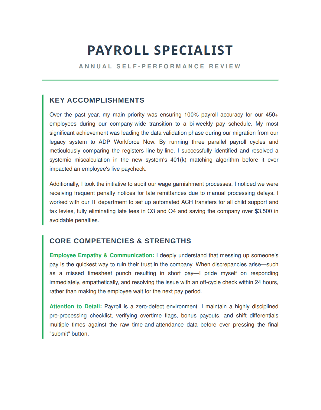 Payroll Specialist Self Performance Review - Free AI Self Performance Review Generator, 50+ Real Self Performance Review Examples
