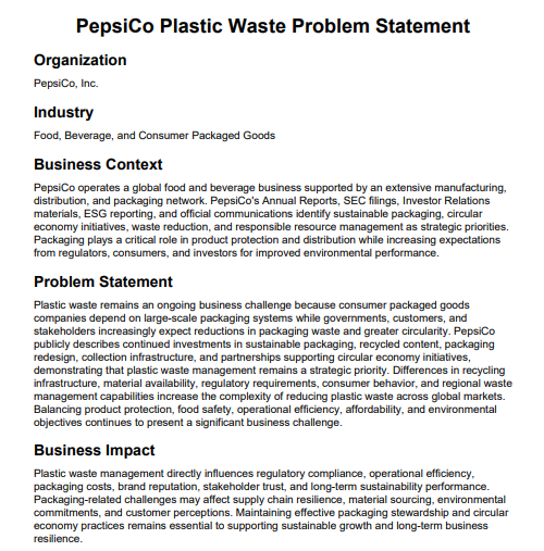 PepsiCo Plastic Waste Problem Statement - Free AI Problem Statement Generator, 50+Real Problem Statement Examples