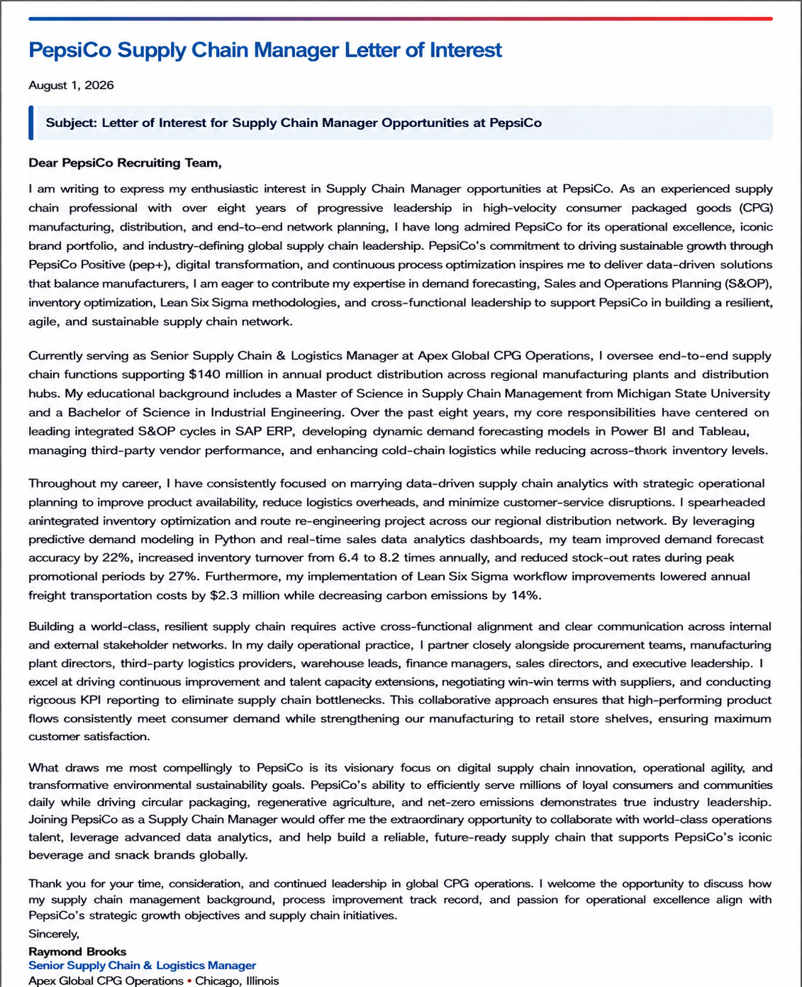 PepsiCo Supply Chain Manager Letter of Interest - Free AI Letter of Interest Generator, 50+ Real Letter of Interest Examples