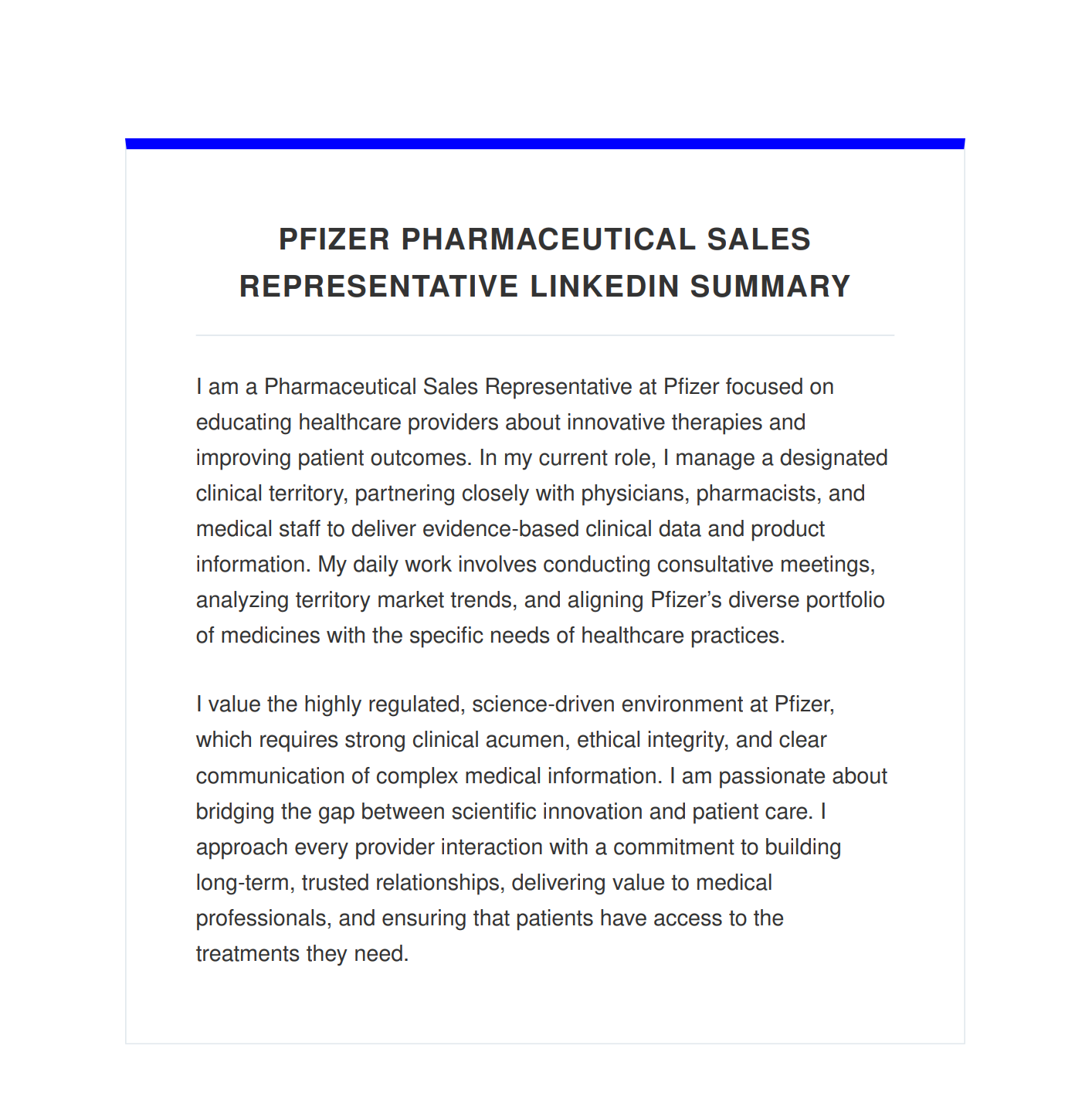 Pfizer Pharmaceutical Sales Representative LinkedIn Summary - Free AI LinkedIn Summary Generator, 50+ Real LinkedIn Summary Examples