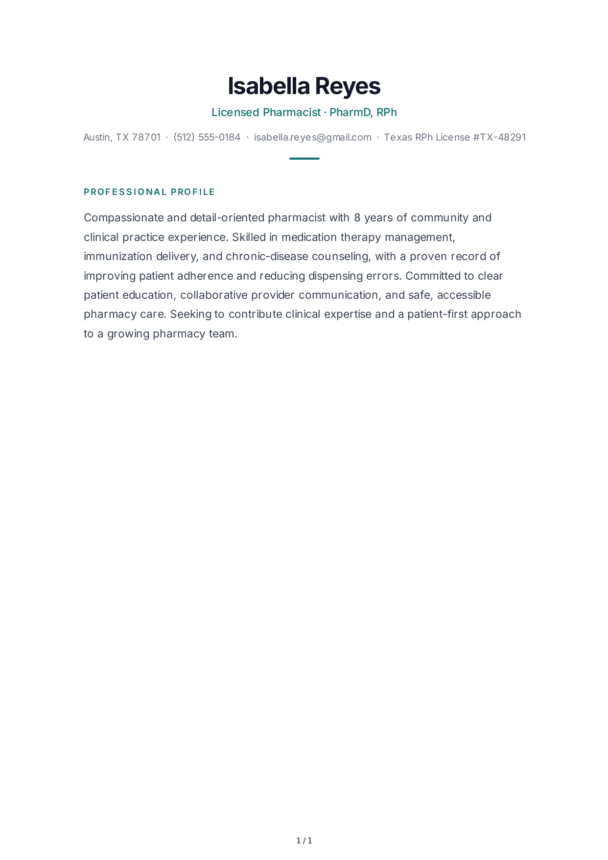 Pharmacist Resume Profile - Free AI Resume Profile Generator, 50+ Real Resume Profile Examples