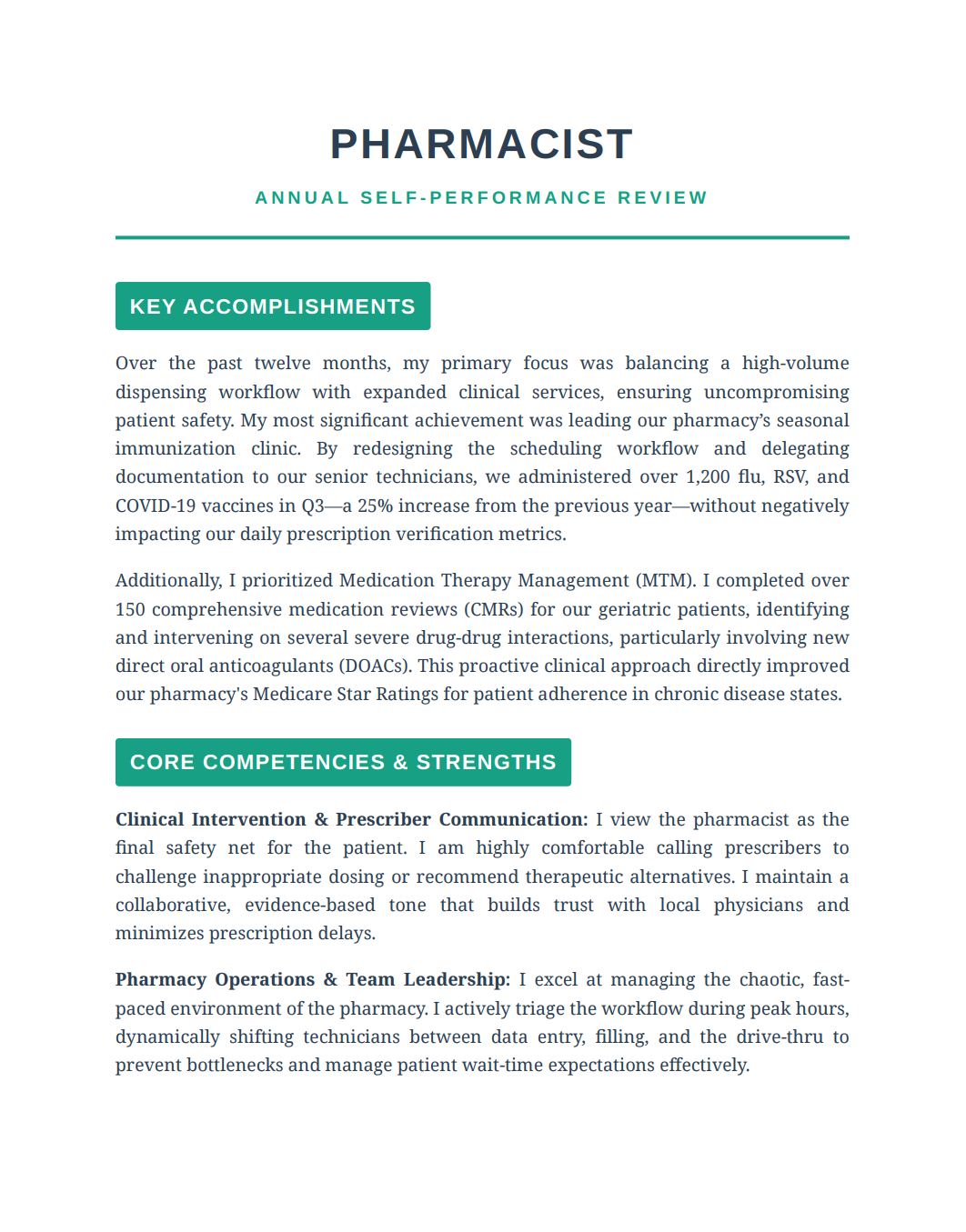 Pharmacist Self Performance Review - Free AI Self Performance Review Generator, 50+ Real Self Performance Review Examples