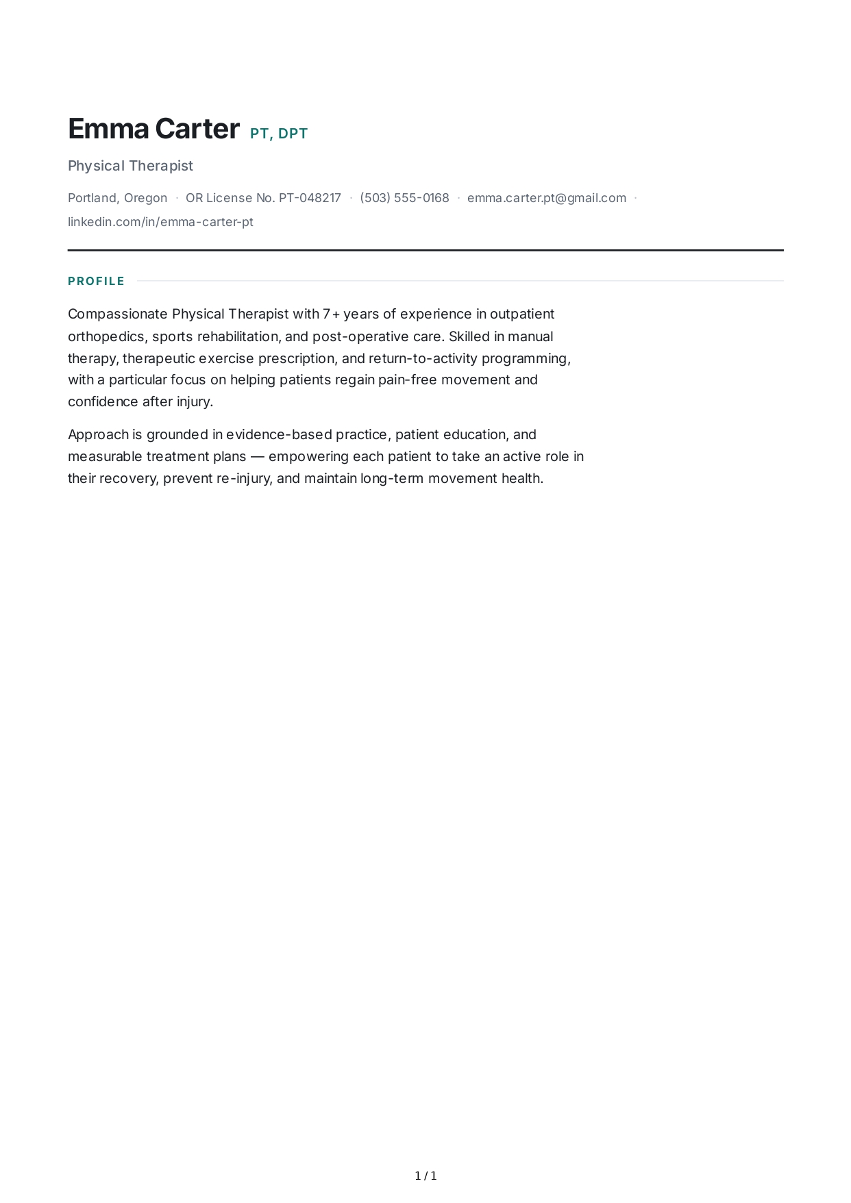 Physical Therapist Resume Profile - Free AI Resume Profile Generator, 50+ Real Resume Profile Examples