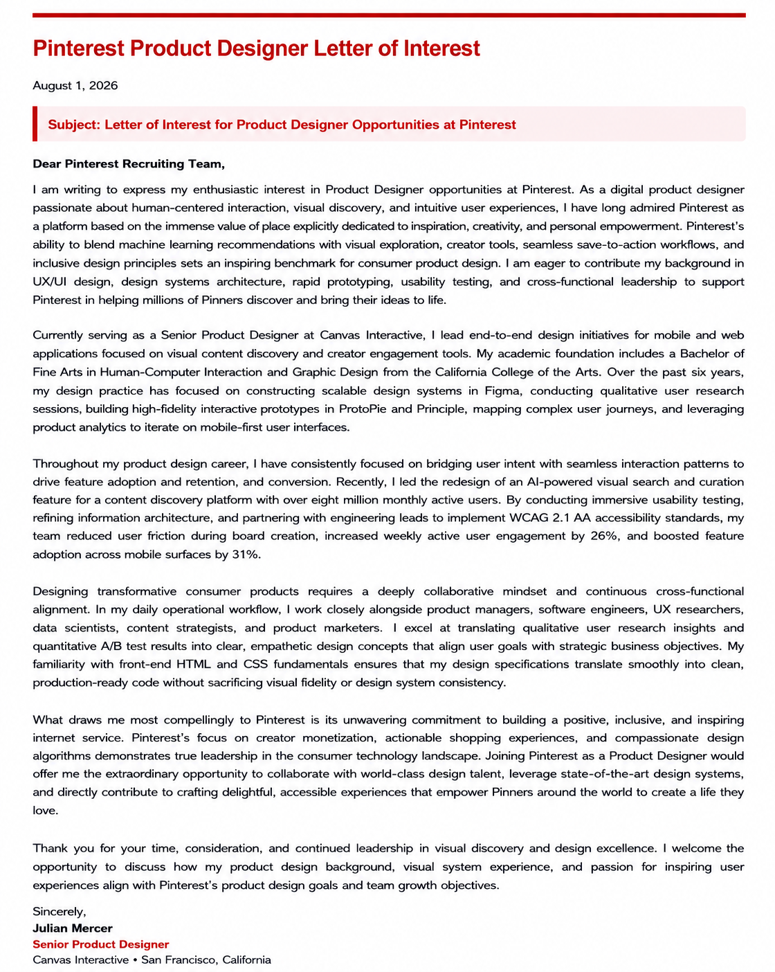 Pinterest Product Designer Letter of Interest - Free AI Letter of Interest Generator, 50+ Real Letter of Interest Examples